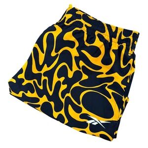 REEBOK Workout Shorts Unisex Medium‎ Navy Yellow Abstract Drawstring Polyester